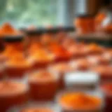 Vibrant display of orange glitter dip powder in various containers