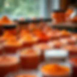 Vibrant display of orange glitter dip powder in various containers
