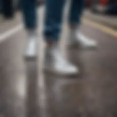 A vibrant street scene with individuals wearing silver glitter sneakers in various styles