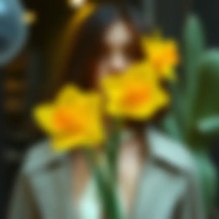 Faux daffodils integrated into a stylish fashion ensemble