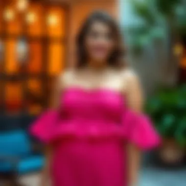 Elegant off the shoulder cocktail dress showcasing vibrant colors