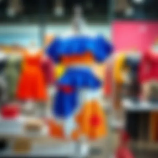 A vibrant summer two-piece skirt set displayed on a mannequin against a bright background.