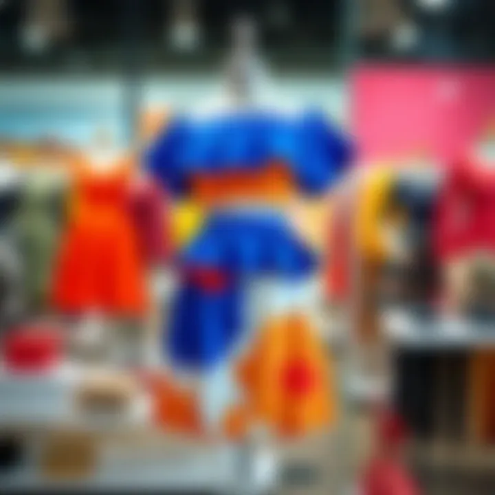 A vibrant summer two-piece skirt set displayed on a mannequin against a bright background.