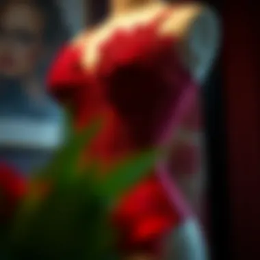 An exquisite red corset displayed on a mannequin, showcasing its intricate lace detailing.