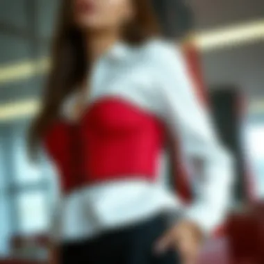A modern fashion ensemble featuring a red corset paired with contemporary attire, illustrating current styling trends.