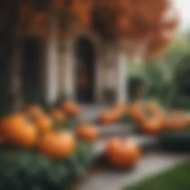 Innovative outdoor setup showcasing artificial pumpkins amidst seasonal foliage for events.