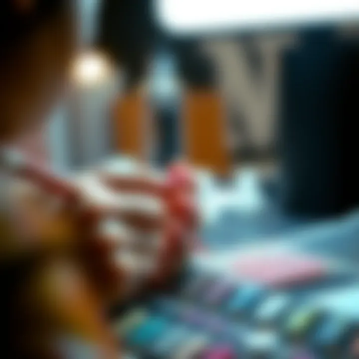 An artist applying glitter nail stickers with precision, highlighting the application technique.