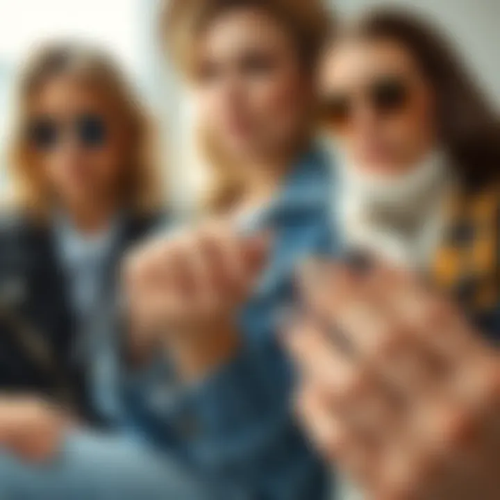 A collage of fashion-forward individuals wearing stylish nail designs featuring glitter stickers.