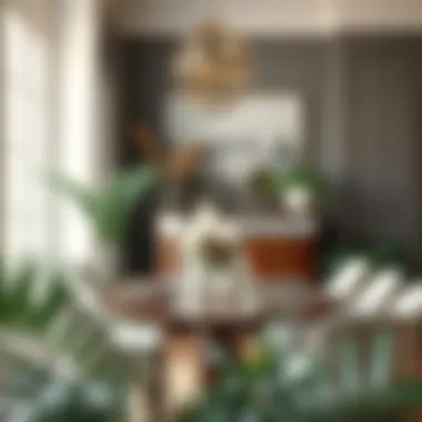 Chic dining area featuring decorative fake feather plants