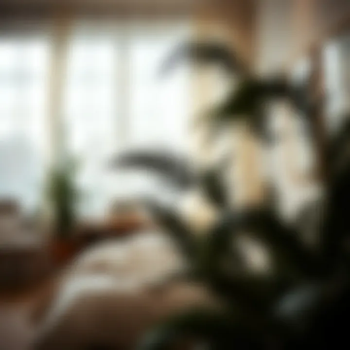 Lush fake feather plants in a serene bedroom setting