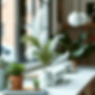 Stylish workspace adorned with faux feather plants