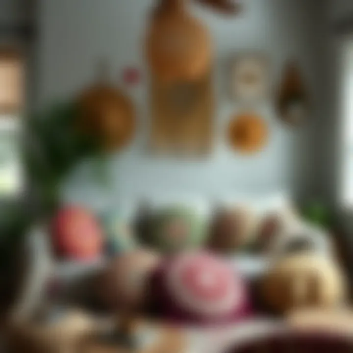 A cozy living room featuring an array of round throw pillows in vibrant boho patterns.