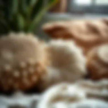 A close-up view of textured round throw pillows made from natural materials.