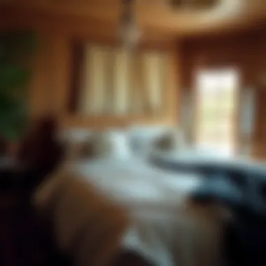 A bohemian-inspired bedroom showcasing round throw pillows on a beautifully made bed.