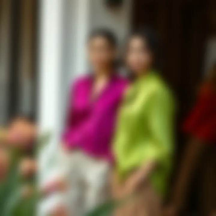 Vibrant Color Harmony Colorful silk tops that complement neutral pants