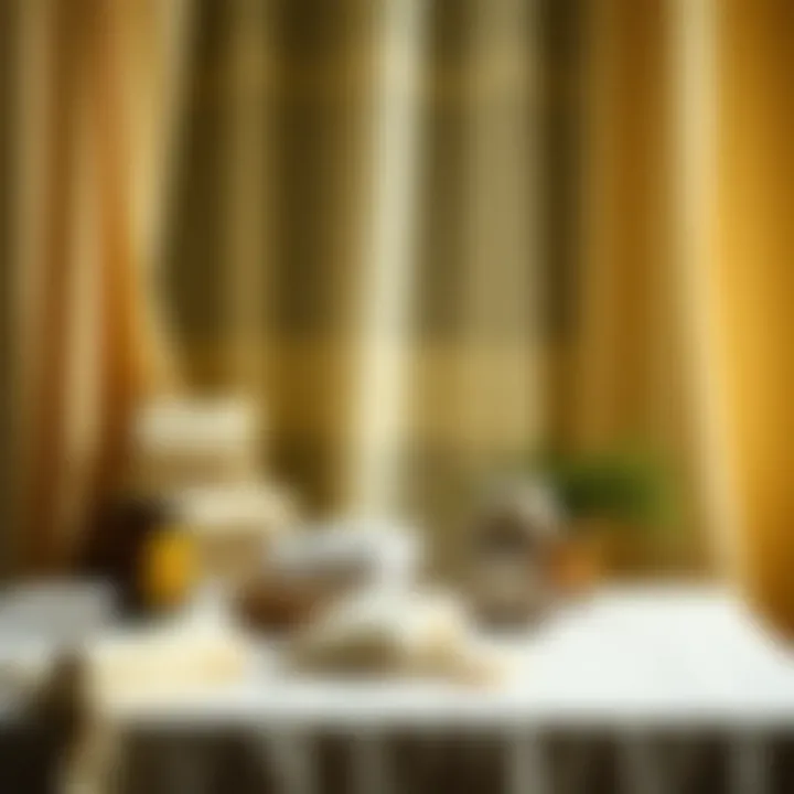 Care tips for vintage embroidered sheer curtains displayed alongside fabric care materials