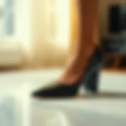 Elegant pointed toe chunky heel pump on a polished surface