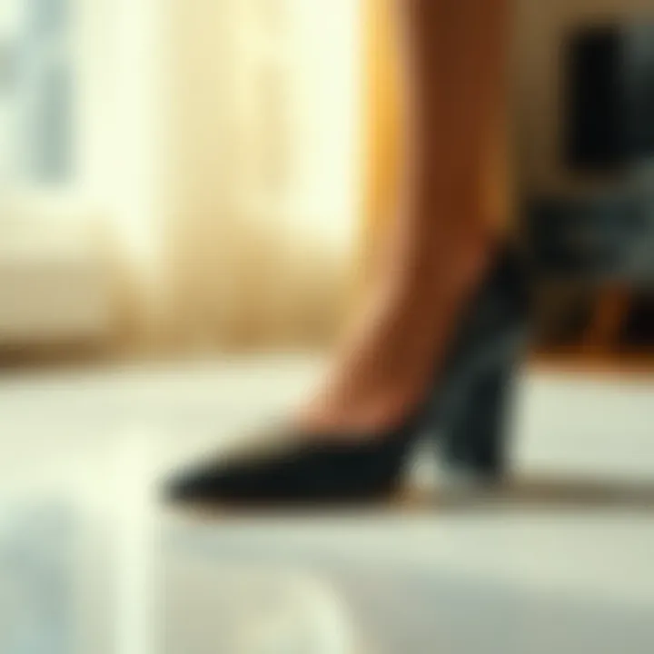 Elegant pointed toe chunky heel pump on a polished surface