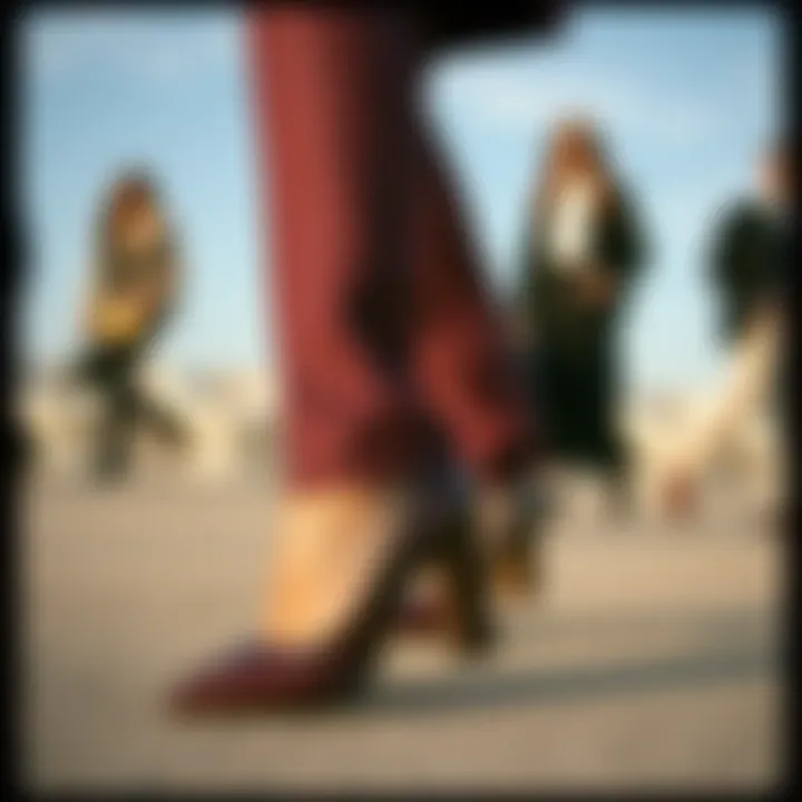 Fashionable ensemble featuring pointed toe chunky heel pumps