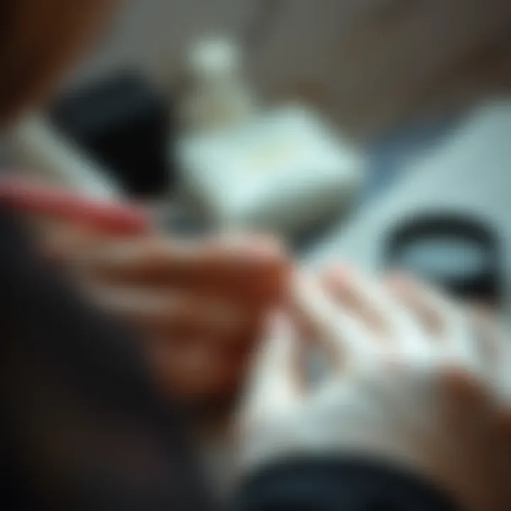 Close-up of a nail artist applying nude acrylic with precision