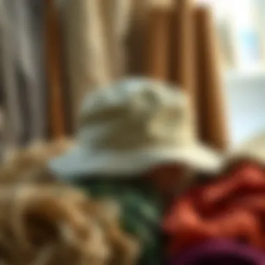 An eco-friendly bucket hat displayed among sustainable materials