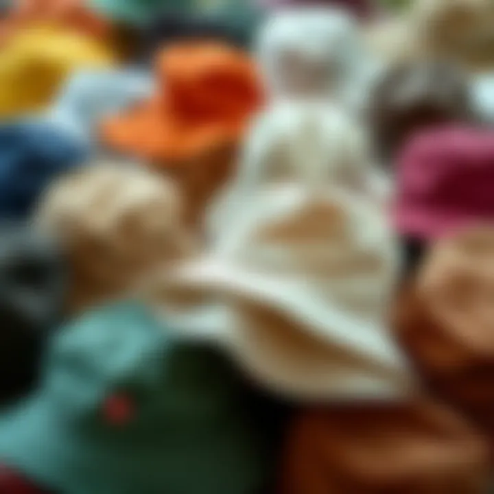 A collage of various bucket hats illustrating fabric options and colors