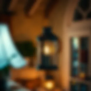 Black farmhouse lantern illuminating a cozy interior space