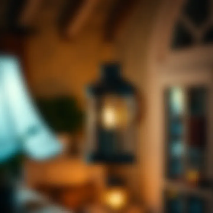 Black farmhouse lantern illuminating a cozy interior space