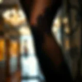 Elegant display of sheer black nylons with intricate patterns