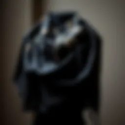 Elegant display of a black printed scarf draped artistically