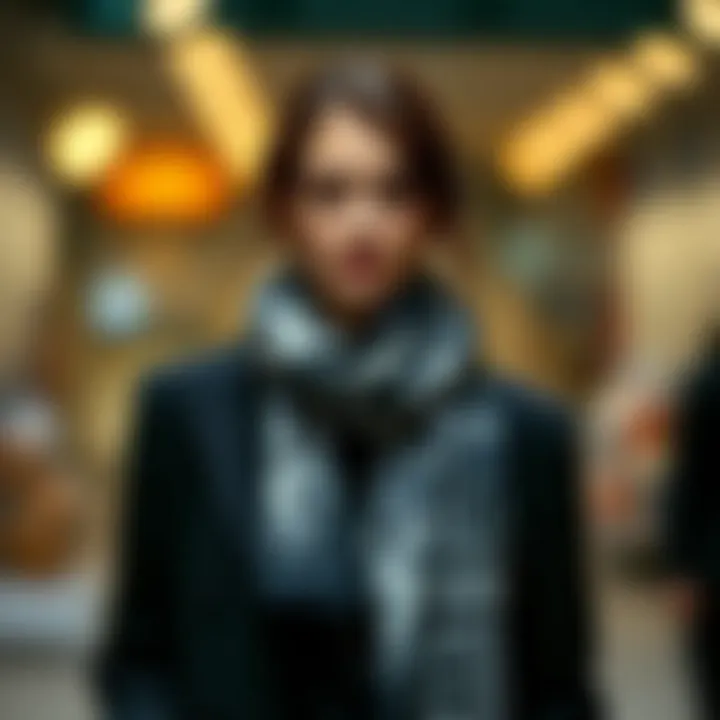 Fashion ensemble featuring a black printed scarf as a statement piece