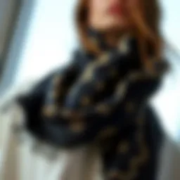 Stylish black printed scarf draped elegantly around a neck