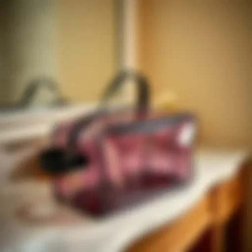 A stylish PVC toiletry bag displayed on a vanity