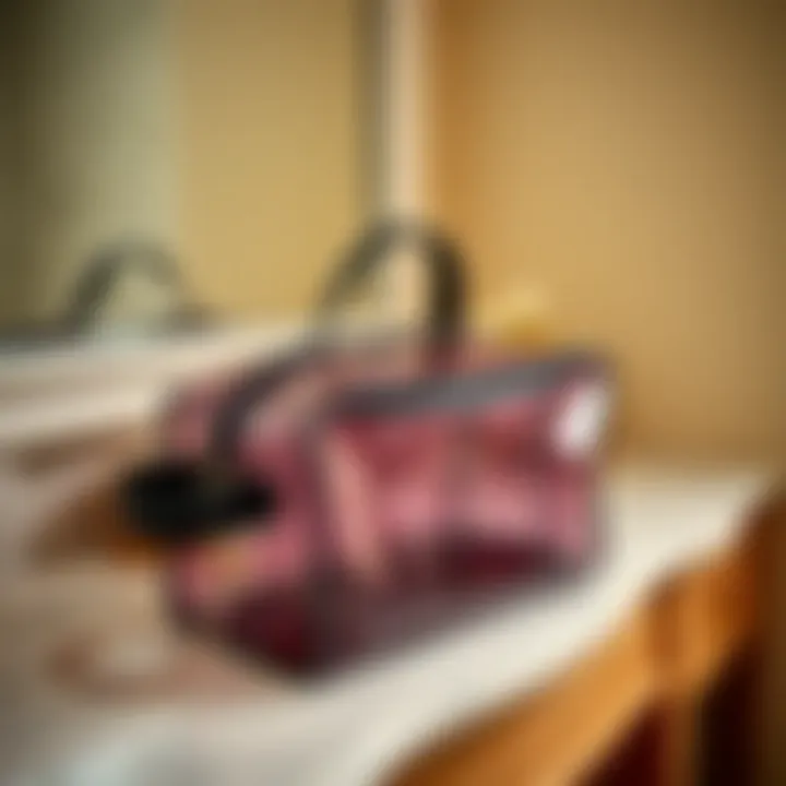 A stylish PVC toiletry bag displayed on a vanity