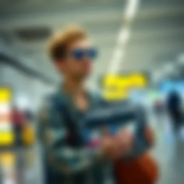 A traveler using a PVC toiletry bag in an airport setting