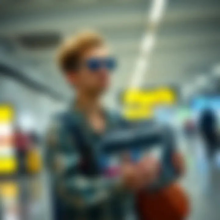 A traveler using a PVC toiletry bag in an airport setting
