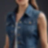 A stylish petite denim vest displayed on a mannequin against a clean backdrop