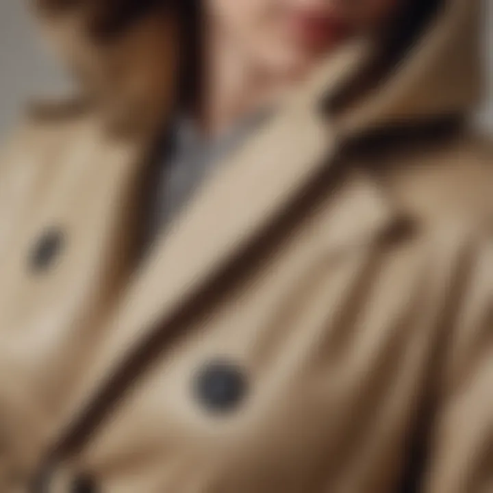 Close-up of fabric texture of the petite hooded trench coat