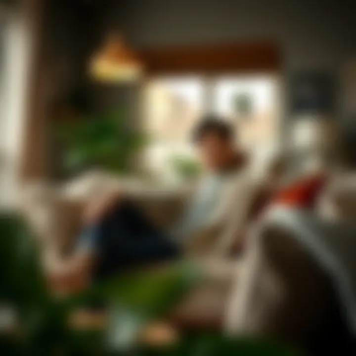 A cozy living space with a person relaxing in a cardigan, emphasizing comfort and style.