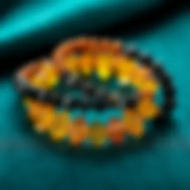 Artistic Arrangement of Black Tourmaline and Citrine Bracelets Artistic arrangement of multiple black tourmaline and citrine bracelets on a stylish backdrop