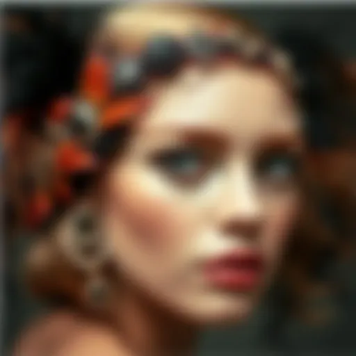 A close-up view of a vintage flapper headband adorned with feathers and sequins