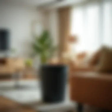 Stylish small plastic waste basket in a contemporary living room