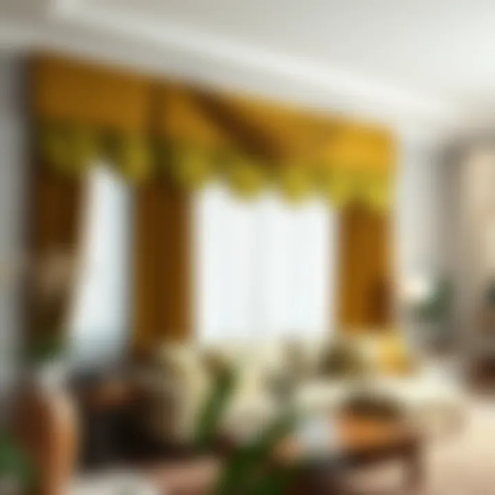 Stylish olive green valance curtains adorned in a modern living room