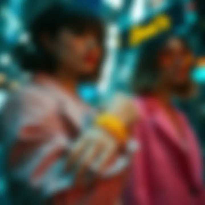 An artistic representation of pop wristbands integrated into high fashion ensembles.