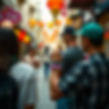 A vibrant street scene where individuals sport pop wristbands as a form of self-expression.