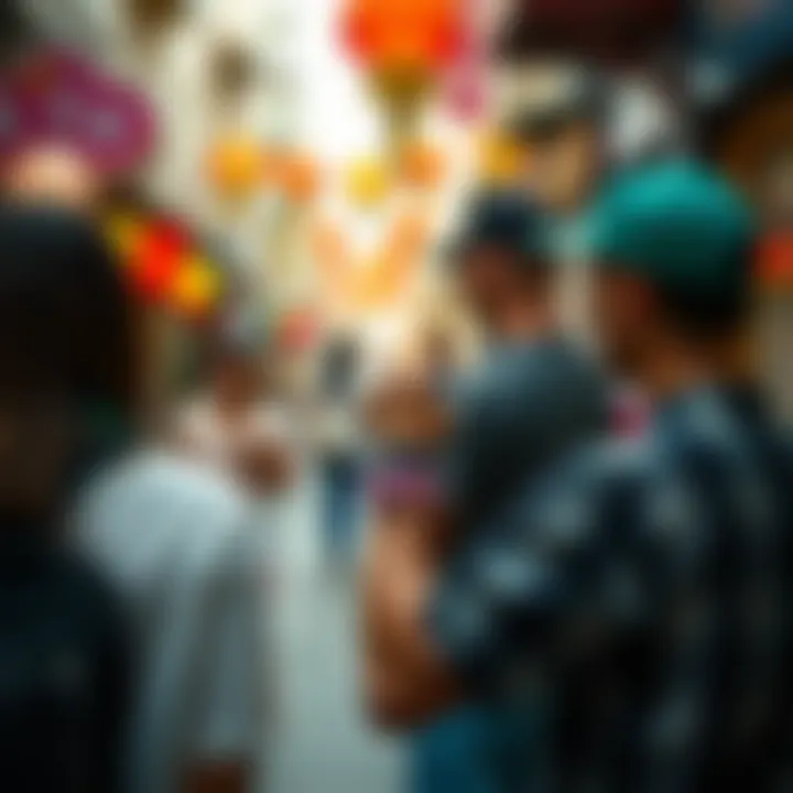 A vibrant street scene where individuals sport pop wristbands as a form of self-expression.