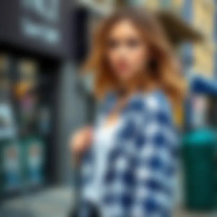 A stylish woman showcasing a white and blue plaid shirt in a trendy urban setting.