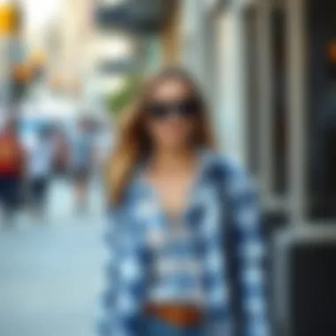 A well-accessorized outfit featuring a white and blue plaid shirt, perfect for a casual outing.