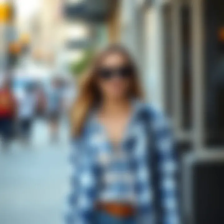 A well-accessorized outfit featuring a white and blue plaid shirt, perfect for a casual outing.