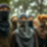 Various thick neck gaiters displayed in an outdoor setting